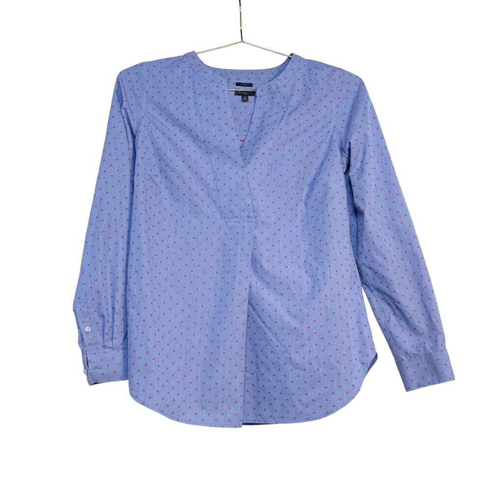 Talbots Women's Dress Shirt Non Iron Baby blue with red polka dot XS